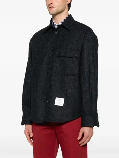 Thom Browne Oversized Shirt With Double Needle In Tweed In Black