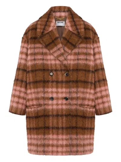 Moschino Double-breasted Plaid Coat Notched Lapels In Brown