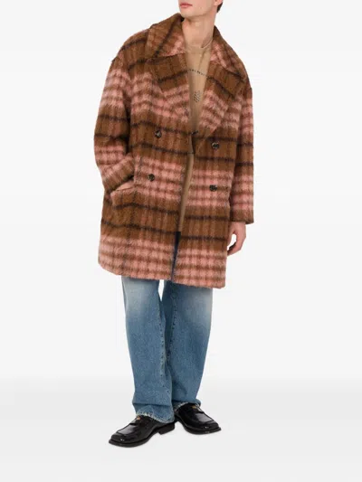 Moschino Double-breasted Plaid Coat Notched Lapels In Brown
