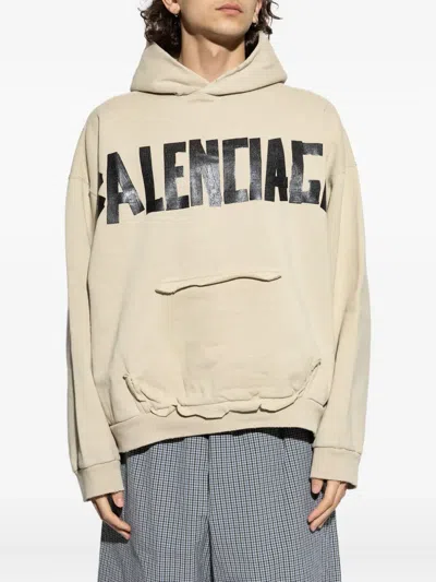 Balenciaga Logo-print Frayed-hem Hoodie In Neutral