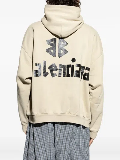 Balenciaga Logo-print Frayed-hem Hoodie In Neutral