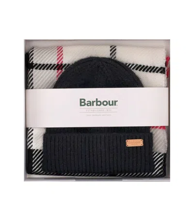 Barbour Pendle Logo Patch Ribbed Beanie Scarf Set In Black