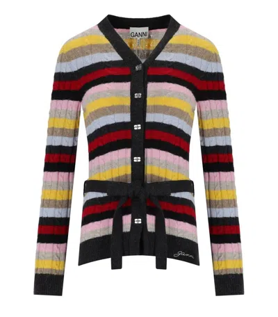 Ganni Multicoloured Striped Cardigan With Belt In Red