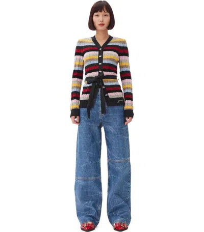 Ganni Multicoloured Striped Cardigan With Belt In Red