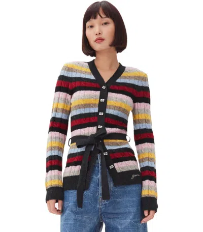 Ganni Multicoloured Striped Cardigan With Belt In Red