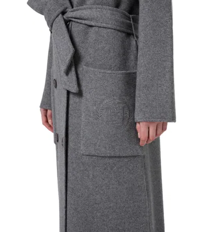 Elisabetta Franchi Steel Melange Belted Coat In Gray