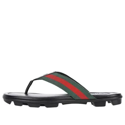Gucci Men's Web Leather Thong Sandals In Black