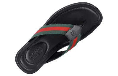 Gucci Men's Web Leather Thong Sandals In Black