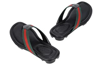Gucci Men's Web Leather Thong Sandals In Black