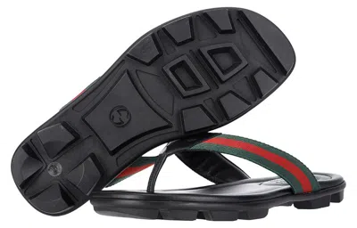 Gucci Men's Web Leather Thong Sandals In Black