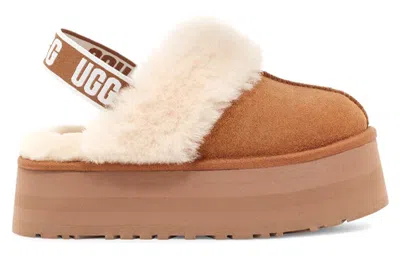 Ugg Platform Mules Made Of Camel-colored Leather With Faux Fur And Elastic Back In Brown