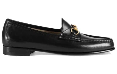 Gucci Women Black Calf Leather Moc Stitching Signature Horsebit Detail Almond Toe Slip-on Style Bran In Black
