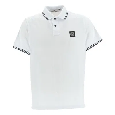Stone Island Contrasting Trim Logo Patch Cotton Blend Polo Shirt In White