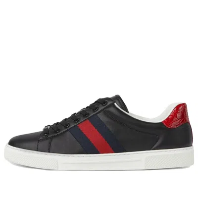Gucci Ace Leather Sneakers With Lateral Web Band In Black