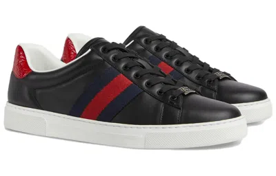 Gucci Ace Leather Sneakers With Lateral Web Band In Black