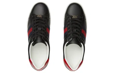 Gucci Ace Leather Sneakers With Lateral Web Band In Black