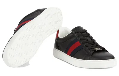 Gucci Ace Leather Sneakers With Lateral Web Band In Black