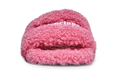 Balenciaga Pink Furry Slide Sandal In Fake Shearling With White And Blue Political Campaign Embroideries Balenc In Sweet Pink White
