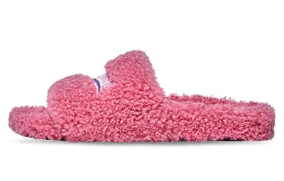 Balenciaga Pink Furry Slide Sandal In Fake Shearling With White And Blue Political Campaign Embroideries Balenc In Sweet Pink White