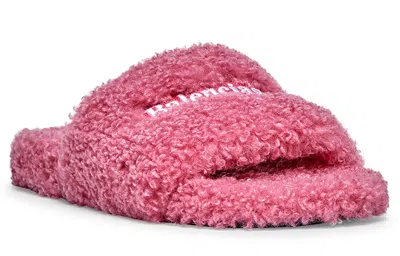 Balenciaga Pink Furry Slide Sandal In Fake Shearling With White And Blue Political Campaign Embroideries Balenc In Sweet Pink White