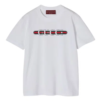 Gucci Women White Crewneck T-shirt Wth Web Print With Logo Lettering On The Front In Cotton Woman