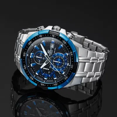 Casio Edifice Waterproof Stainless Steel Strap Mens Black/blue Analog In Metallic