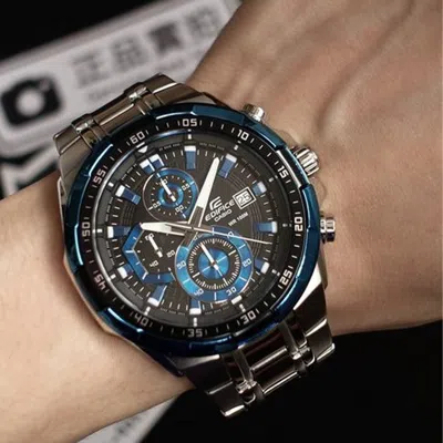Casio Edifice Waterproof Stainless Steel Strap Mens Black/blue Analog In Metallic