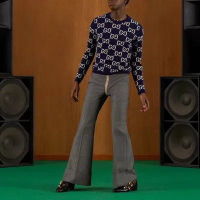 Gucci Mens Blue Ivory Monogram-intarsia Regular-fit Wool Jumper