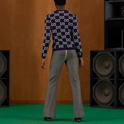 Gucci Mens Blue Ivory Monogram-intarsia Regular-fit Wool Jumper