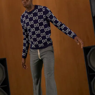 Gucci Mens Blue Ivory Monogram-intarsia Regular-fit Wool Jumper