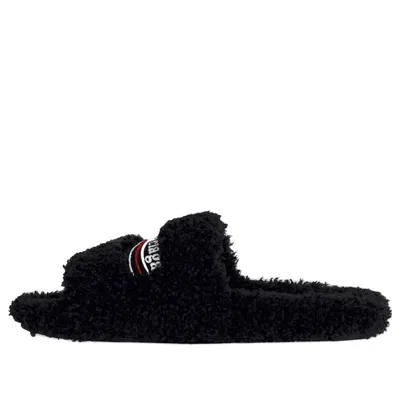 Balenciaga Furry Logo-embroidered Faux Shearling Slides In Black