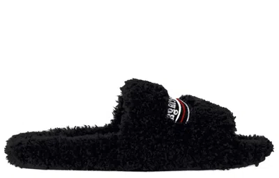Balenciaga Furry Logo-embroidered Faux Shearling Slides In Black