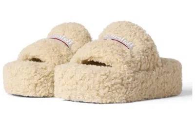 Balenciaga Faux Shearling Platform Slide Sandals In Neutral