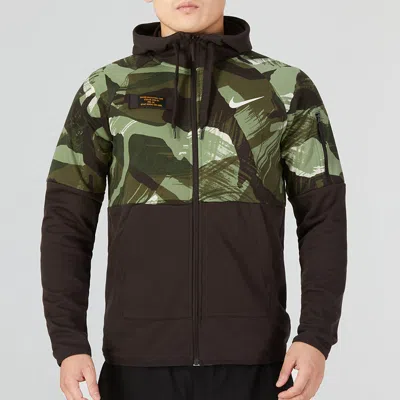 Nike Men's  Dri-fit Casual Splicing Camouflage Fleece Hooded Jacket Black In Brown