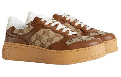 Gucci Textured Leather Sneakers With Branded Chunky Outsole In Brown