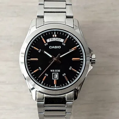 Casio Waterproof Stainless Steel Strap Quartz Mens Black Analog In Metallic