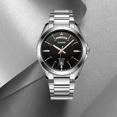Casio Waterproof Stainless Steel Strap Quartz Mens Black Analog In Metallic