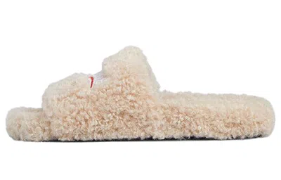 Balenciaga Furry Logo-embroidered Faux Shearling Slides In Beige
