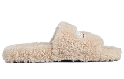 Balenciaga Furry Logo-embroidered Faux Shearling Slides In Beige