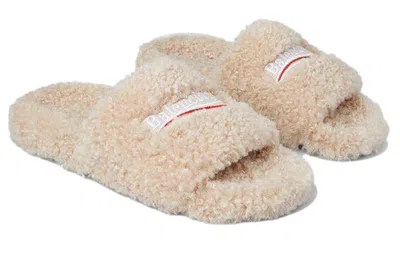 Balenciaga Furry Logo-embroidered Faux Shearling Slides In Beige
