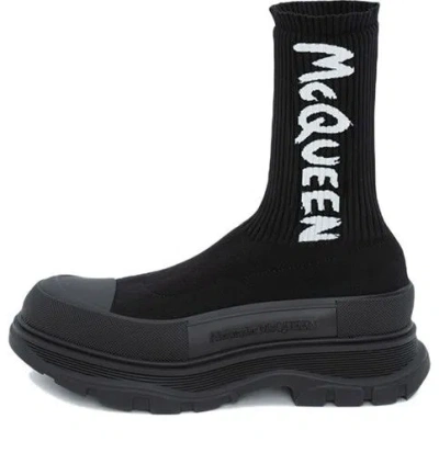 Alexander Mcqueen Black Sock-style Logo-print Boots In Nero Scuri