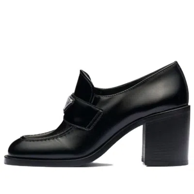 Prada Chocolate High-heeled Brushed Leather Loafers In Black