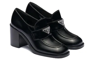 Prada Chocolate High-heeled Brushed Leather Loafers In Black