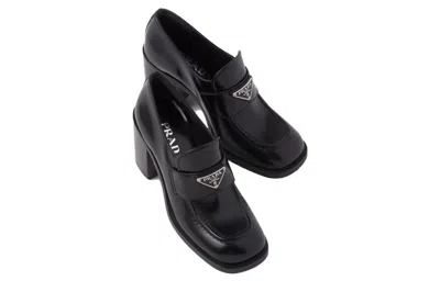 Prada Chocolate High-heeled Brushed Leather Loafers In Black