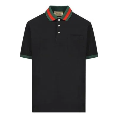 Gucci Stretch Cotton Blend Polo Shirt W/ Web In Black