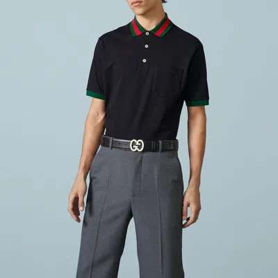 Gucci Stretch Cotton Blend Polo Shirt W/ Web In Black