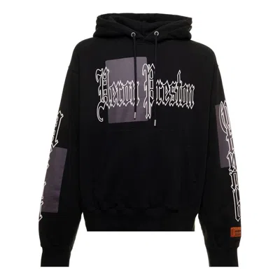 Heron Preston Black Color Blocks Hoodie In Jersey With Allover Gothic Logo Print And Patch Man In Black