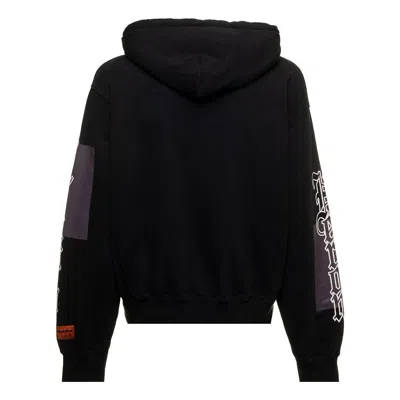 Heron Preston Black Color Blocks Hoodie In Jersey With Allover Gothic Logo Print And Patch Man In Black