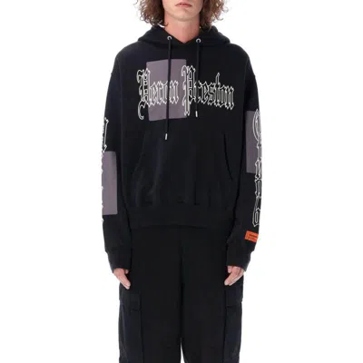 Heron Preston Black Color Blocks Hoodie In Jersey With Allover Gothic Logo Print And Patch Man In Black