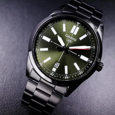 Casio Dress Pointer Display Analog Watch 'metallic Black Green' In Blue